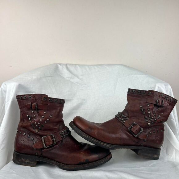 FRYE JENNA Black Leather Studded Ankle Moto Engineer Biker Boots Women's Size 11 - Picture 1 of 8